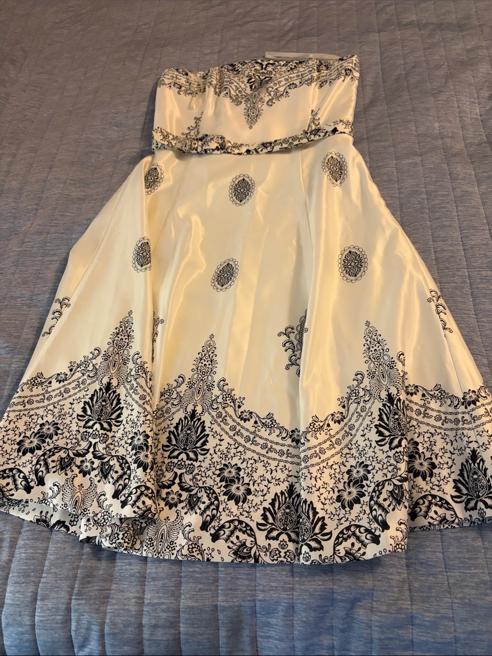 White House Black Market Strapless Cream and Black Patterned Dress